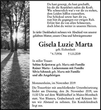 Traueranzeige von Gisela Luzie Marta von vrm-trauer