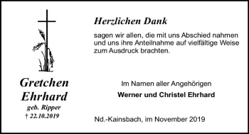Traueranzeige von Gretchen Ehrhard von vrm-trauer