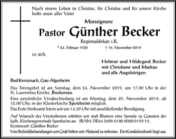 Traueranzeige von Günther Becker von vrm-trauer