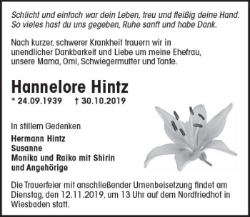 Traueranzeige von Hannelore Hintz von vrm-trauer