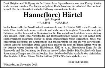 Traueranzeige von Hannelore Härtel von vrm-trauer