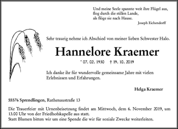 Traueranzeige von Hannelore Kraemer von vrm-trauer