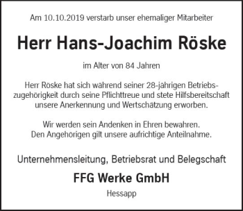 Traueranzeige von Hans-Joachim Röske von vrm-trauer