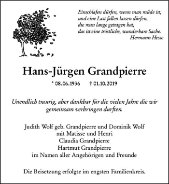 Traueranzeige von Hans-Jürgen Grandpierre von vrm-trauer