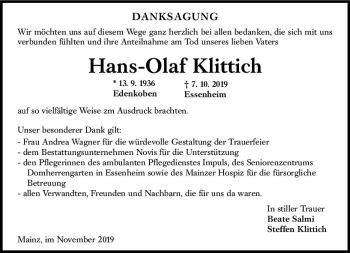 Traueranzeige von Hans-Olaf Klittich von vrm-trauer
