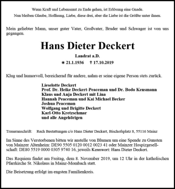 Traueranzeige von Hans Dieter Deckert von vrm-trauer