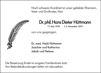 Traueranzeige von Hans Dieter Hüftmann von vrm-trauer