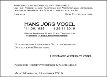 Traueranzeige von Hans Jörg Vogel von vrm-trauer