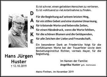 Traueranzeige von Hans Jürgen Huster von vrm-trauer