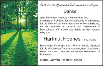 Traueranzeige von Hartmut Hoenes von vrm-trauer