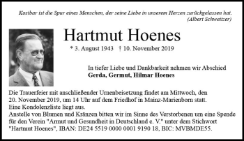 Traueranzeige von Hartmut Hoenes von vrm-trauer