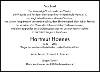 Traueranzeige von Hartmut Hoenes von vrm-trauer
