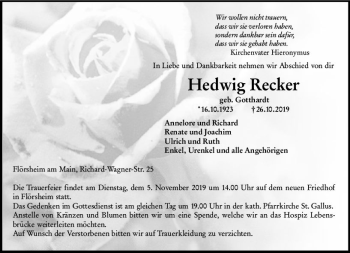 Traueranzeige von Hedwig Recker von vrm-trauer