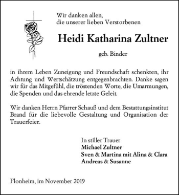 Traueranzeige von Heidi Katharina Zultner von vrm-trauer