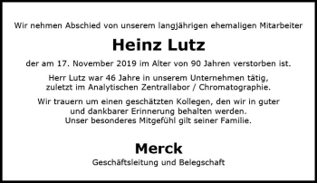 Traueranzeige von Heinz Lutz von vrm-trauer