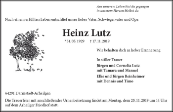 Traueranzeige von Heinz Lutz von vrm-trauer