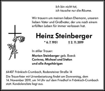 Traueranzeige von Heinz Steinberger von vrm-trauer