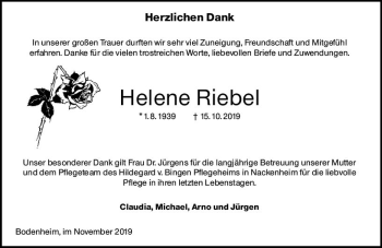 Traueranzeige von Helene Riebel von vrm-trauer