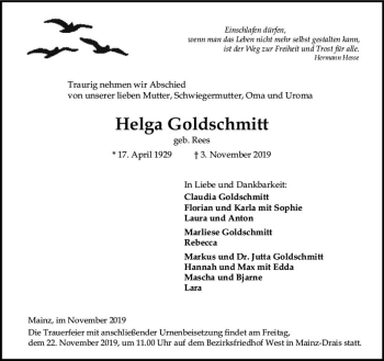 Traueranzeige von Helga Goldschmitt von vrm-trauer