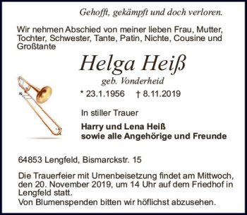 Traueranzeige von Helga Heiß von vrm-trauer