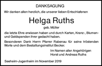 Traueranzeige von Helga Ruths von vrm-trauer