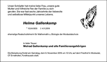 Traueranzeige von Helma Gallenkamp von vrm-trauer