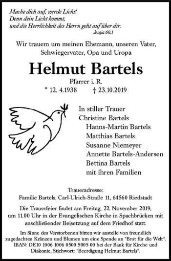 Traueranzeige von Helmut Bartels von vrm-trauer