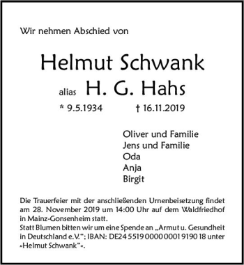 Traueranzeige von Helmut Schwank von vrm-trauer