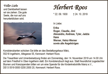 Traueranzeige von Herbert Roos von vrm-trauer