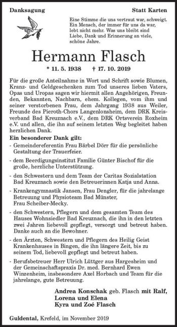 Traueranzeige von Hermann Flasch von vrm-trauer