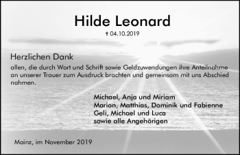 Traueranzeige von Hilde Leonard von vrm-trauer