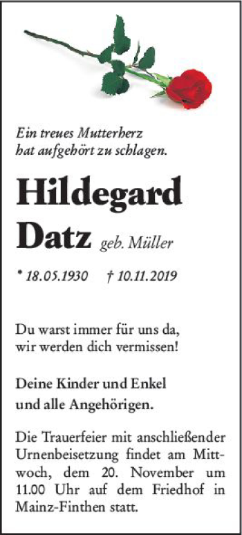 Traueranzeige von Hildegard Datz von vrm-trauer