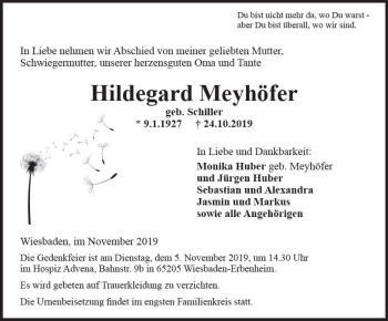 Traueranzeige von Hildegard Meyhöfer von vrm-trauer