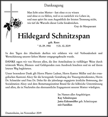 Traueranzeige von Hildegard Schnitzspan von vrm-trauer