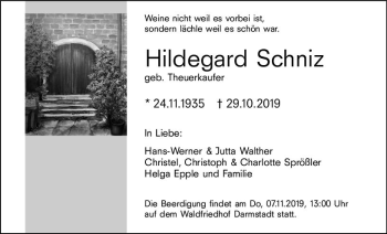 Traueranzeige von Hildegard Schniz von vrm-trauer