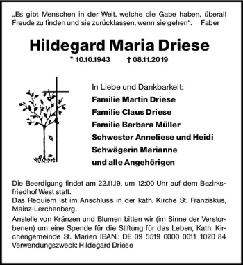Traueranzeige von Hildegard Maria Driese von vrm-trauer
