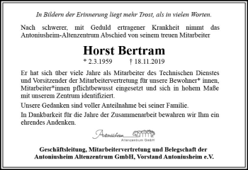 Traueranzeige von Horst Bertram von vrm-trauer