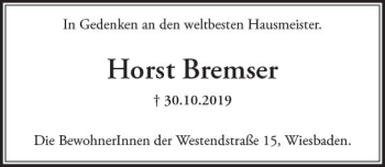 Traueranzeige von Horst Bremser von vrm-trauer