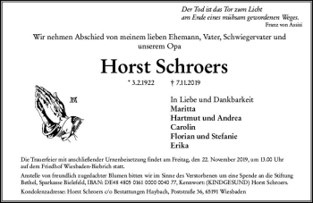 Traueranzeige von Horst Schroers von vrm-trauer