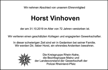 Traueranzeige von Horst Vinhoven von vrm-trauer