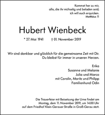Traueranzeige von Hubert Wienbeck von vrm-trauer