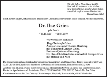 Traueranzeige von Ilse Gries von vrm-trauer