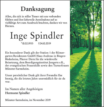 Traueranzeige von Inge Spindler von vrm-trauer