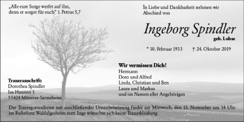 Traueranzeige von Ingeborg Spindler von vrm-trauer