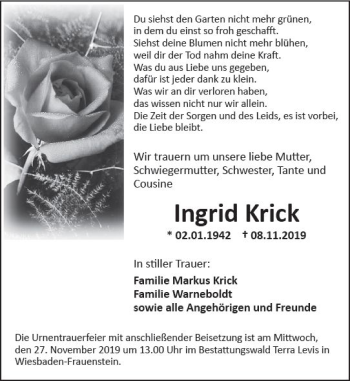 Traueranzeige von Ingrid Krick von vrm-trauer