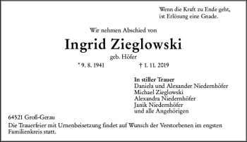 Traueranzeige von Ingrid Zieglowski von vrm-trauer