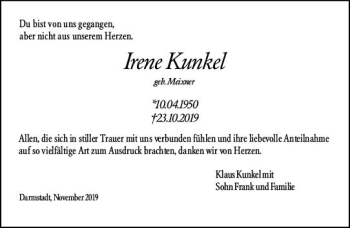 Traueranzeige von Irene Kunkel von vrm-trauer