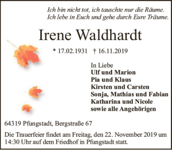 Traueranzeige von Irene Waldhardt von vrm-trauer