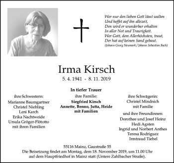 Traueranzeige von Irma Kirsch von vrm-trauer