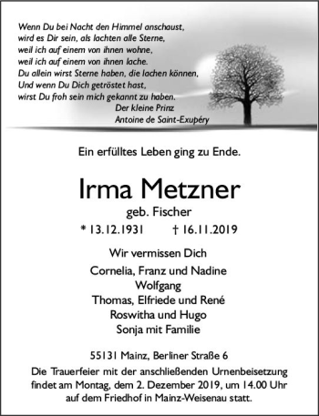 Traueranzeige von Irma Metzner von vrm-trauer